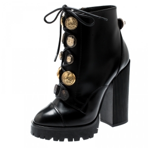 Pre Owned Dolce and Gabbana Black Leather Gold Embossed Button Embellished Combat Ankle Boots Size 40