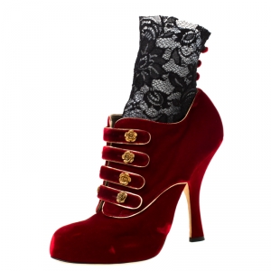 Pre Owned Dolce & Gabanna Red/Black Velvet and Lace Socks Platform Ankle Boots Size 40