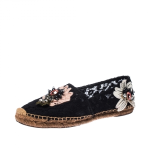 Dolce and Gabbana Black Lace Floral Embellished Slip On Espadrilles Size 40
