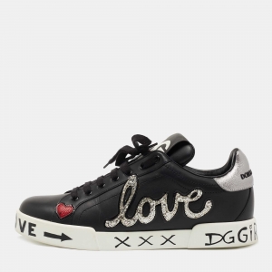Pre Owned Dolce & Gabbana Black Leather Portofino Love Patch Low Top Sneakers Size 40