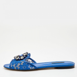 Pre Owned Dolce & Gabbana Blue Lace Jeweled Embellishment Flat Slides Size 38.5
