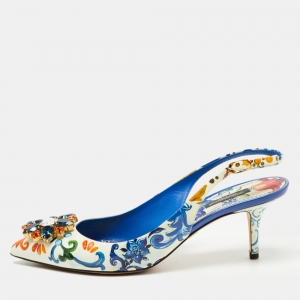 Pre Owned Dolce & Gabbana Multicolor Printed Patent Leather Crystal Embellished Slingback Pumps Size 39