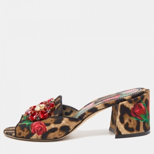 Dolce & Gabbana Multicolor Leopard/Floral Print Canvas Crystal Embellished Slide Sandals Size 37