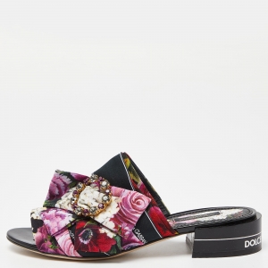 Dolce & Gabbana Multicolor Floral Print Fabric Embellished Slide Sandals Size 38