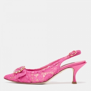 Dolce & Gabbana Pink Lace and Mesh Bellucci Slingback Pumps Size 38.5