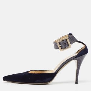 Dolce & Gabbana Navy Blue Velvet And Python Ankle Strap Sandals Size 36
