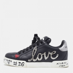 Dolce & Gabbana Black Leather Love Patch and Graffiti Low Top Sneakers Size 37