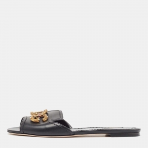 Pre Owned Dolce & Gabbana Black Leather Embellished DG Amore Flat Slides Size 41.5