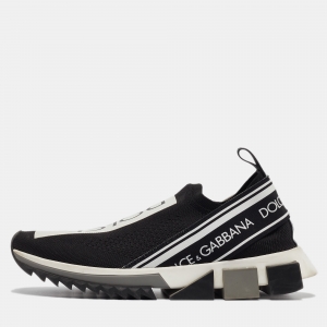 Pre Owned Dolce & Gabbana Black/White Knit Fabric Sorrento Slip On Sneakers Size 38