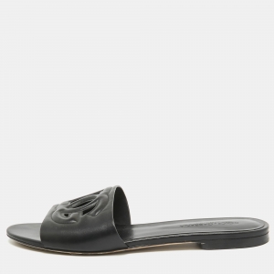 Pre Owned Dolce & Gabbana Black Leather DG Laser Cut Flat Slides Size 39