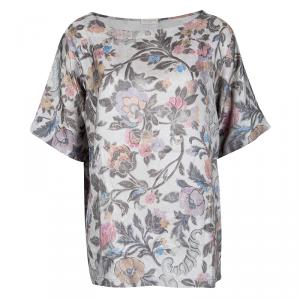 Dries Van Noten Grey Floral Printed Silk Short Sleeve Top L