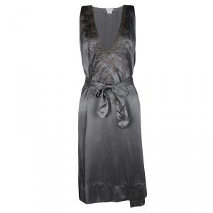 Dries Van Noten Grey Silk Embellished Embroidered Sleeveless Belted Dress S