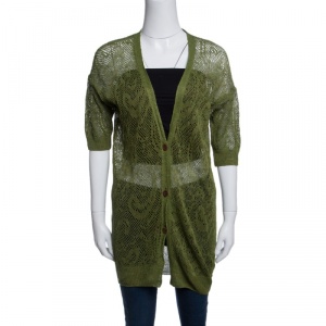 Dries Van Noten Green Perforated Knit Short Sleeve Cardigan S