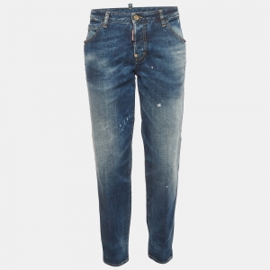 Pre Owned Dsquared2 Blue Splattered Distressed Denim Hockney Jeans M/Waist 34"