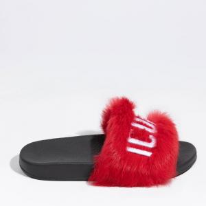 Dsquared2 Red Leather/Fur Icon Slides Size EU 37
