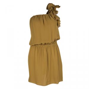 Dsquared2 Camel Brown Silk Ruffle Detail One Shoulder Dress S