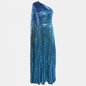 Elie Saab Blue Sequin Embroidered Tulle One Shoulder Gown S