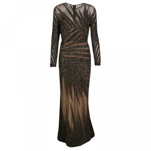 Elie Saab Dark Green Embellished Tulle Long Sleeve Gown S