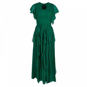 Elie Saab Green Silk Chiffon Flutter Sleeve Gathered Evening Gown S