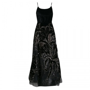 Elie Saab Black Velvet and Tulle Sequin Embellished Evening Gown S