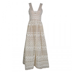Elie Saab Ivory and Beige Embroidered Guipure Lace Plunge Neck Sleeveless Gown S