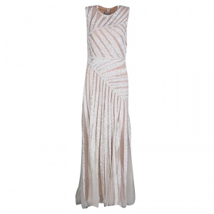 Elie Saab Ivory Palm Leaf Pattern Embellished Sleeveless Tulle Gown S