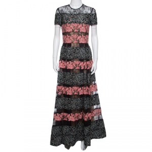 Elie Saab Black and Salmon Pink Paneled Floral Embroidered Tulle Gown S