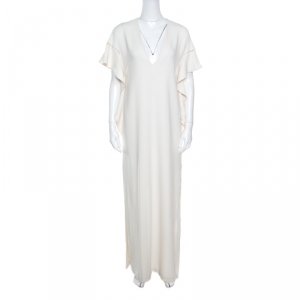 فستان إيلي صعب دانتيل أبيض أوف وايت مكشكش بأكمام مشقوقة S