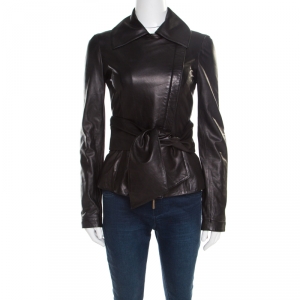 Elie Saab Black Lamb Leather Waist Tie Detail Biker Jacket S