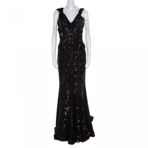 Elie Saab Black Embellished Silk Petal Applique Detail Sleeveless Gown L