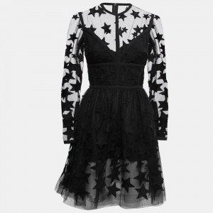 Elie Saab Black Star-Embroidered Tulle Mini Dress M