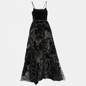 Elie Saab Black Sequin Embellished Velvet and Tulle Strap Gown S