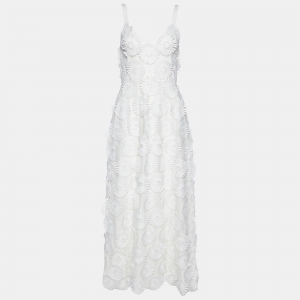 Elie Saab White Floral Appliqued Tulle Midi Dress S