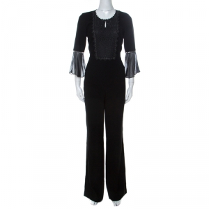 Elie Tahari Black Crepe Chain Bead Embellished Bell Sleeve Jumpsuit M
