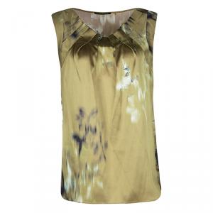 Elie Tahari Gold Digital Floral Printed Silk Sleeveless Top L