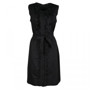 Elie Tahari Black Ruffle Detail Belted Sleeveless Martha Dress L