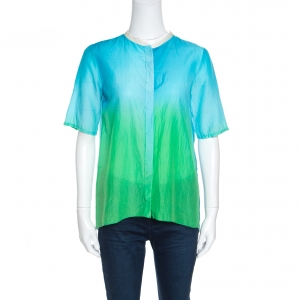 Elie Tahari Blue and Green Ombre Mandarin Collar Alejandra Blouse XS