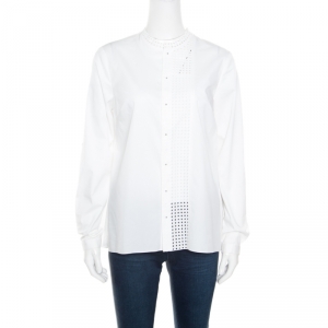 Elie Tahari White Eyelet Panel Insert Long Sleeve Blouse S