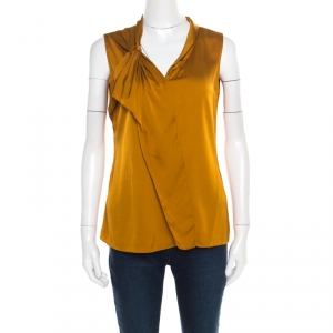 Elie Tahari Mustard Satin Knotted Shoulder Detail Sleeveless Top M
