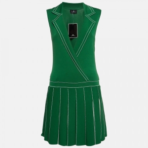Elisabetta Franchi Green/White Knit Pleated Mini Dress M
