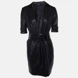 Elisabetta Franchi Black Faux Leather Belted Wrap Dress S