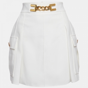 Elisabetta Franchi White Crepe Chain Detail Pleated Mini Skirt M