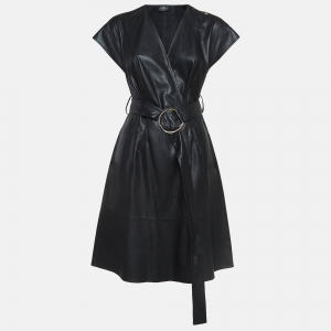 Pre Owned Elisabetta Franchi Black Faux Leather Belted Short Wrap Dress M