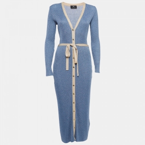 Elisabetta Franchi Blue Lurex Knit Buttoned Long Dress M