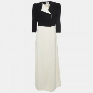 Elisabetta Franchi Cream and Black Crepe Front Open Maxi Dress L