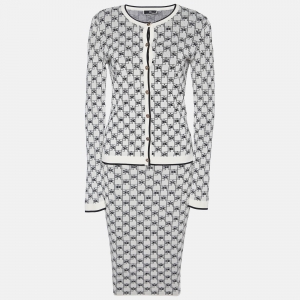 Elisabetta Franchi Ivory Logo Pattern Knit Skirt & Cardigan Set S 