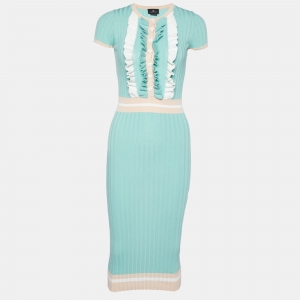 Elisabetta Franchi Green Rib Knit Frilled Midi Dress S