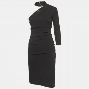 Elisabetta Franchi Black Crepe Ruched Asymmetric Midi Dress M 