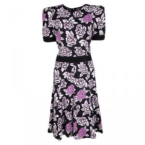 Emanuel Ungaro Black Floral Print Sheer Back Detail Short Sleeve Dress M