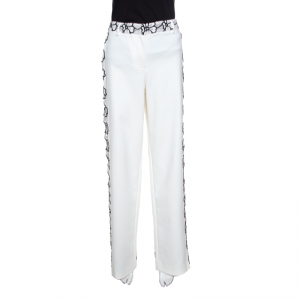 Emanuel Ungaro White And Black Floral Lace Trim Straight Fit Trousers L